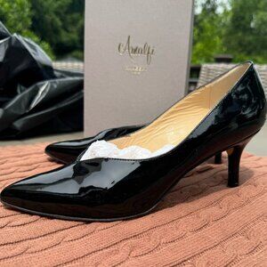 Sleek and timeless black patent leather heels by Amalfi by Rangoni, style name “